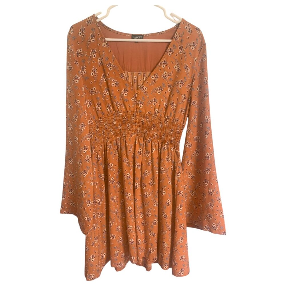 LIRA Floral Long Sleeve Dusty Orange Dress - Size L